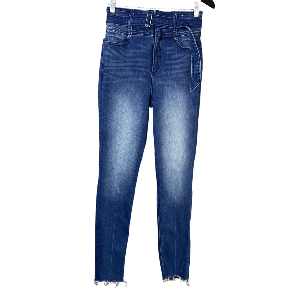 Express Ankle Legging Super High Rise Jeans Belted Raw Hem Blue SZ 4